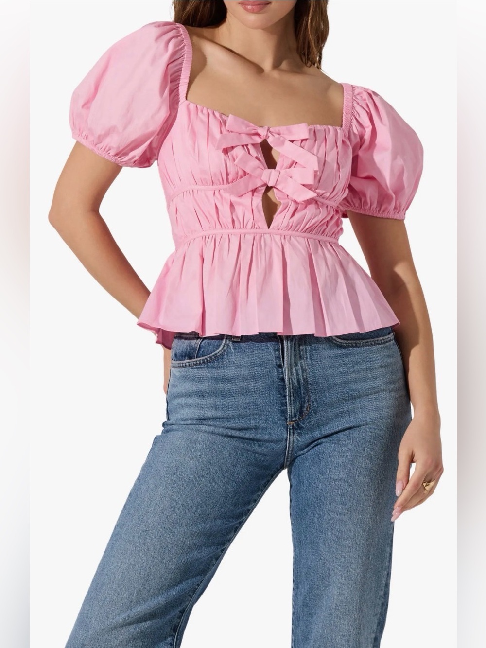 NWT Astr The Label Pink Smocked Peplum Tie-Front Peplum Blouse Size Medium